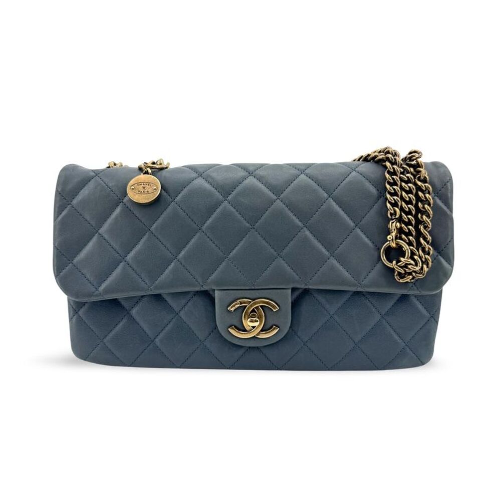Chanel Cc Crown Flap Quilted Leather Blue Leather Shoulder Bag Bag